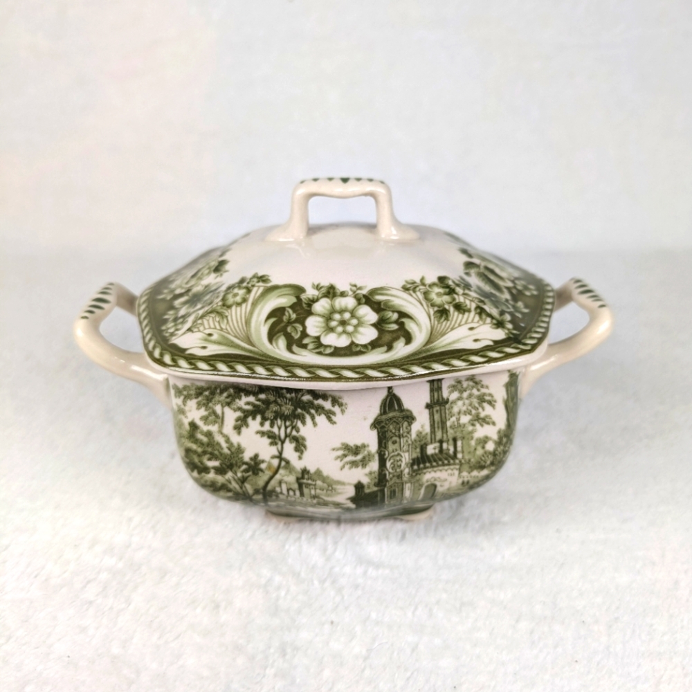 Vintage tureen, green transferware, porcelain pottery dish, sugar bowl with lid